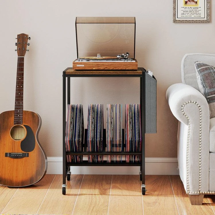 商品Hivvago|Rolling Record Player Stand 2-Tier with Vinyl Storage and Magazine Holder Bag,价格¥597,第2张图片详细描述