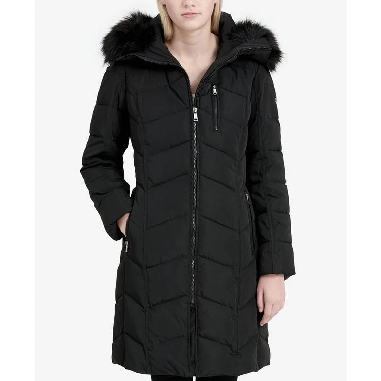 商品Calvin Klein|Faux-Fur-Trim Hooded Chevron Puffer Coat, Created for Macy's,价格¥1122,第1张图片