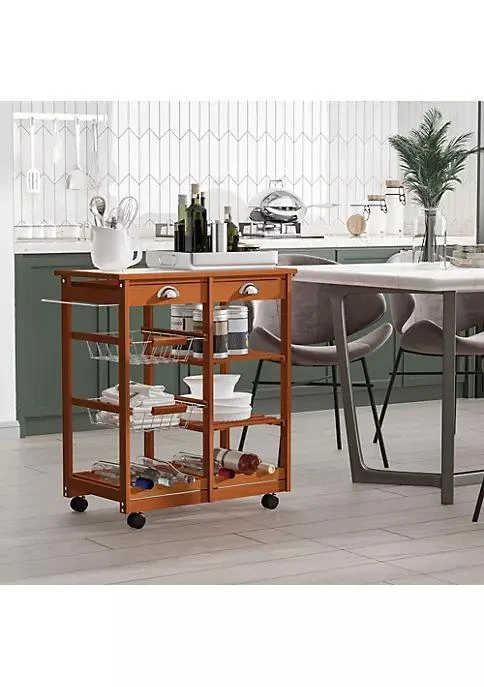 商品belk|Wooden Rolling Kitchen Cart Tile Counter Top Utility Trolley With Towel Rack 2 Drawers 2 Shelves Wire Baskets And Wine Rack Natural,价格¥878,第3张图片详细描述