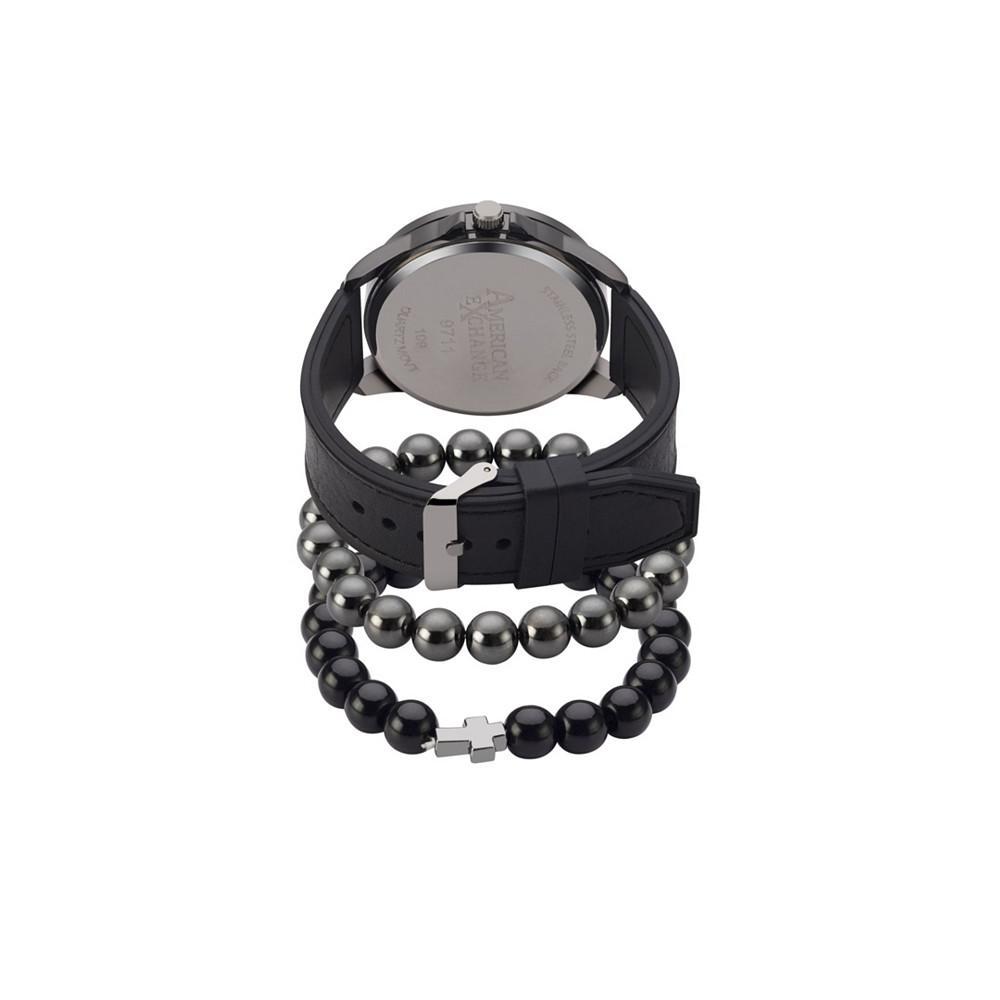 商品American Exchange|Men's Quartz Movement Black Leather Analog Watch, 47mm and Stackable Bracelet Set with Zippered Pouch,价格¥295,第5张图片详细描述