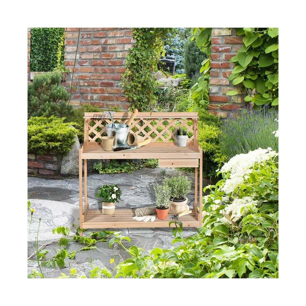 商品Outsunny|Garden Potting Bench Workstation w/ Drawer, Storage Shelf and Lattice,价格¥733,第2张图片详细描述