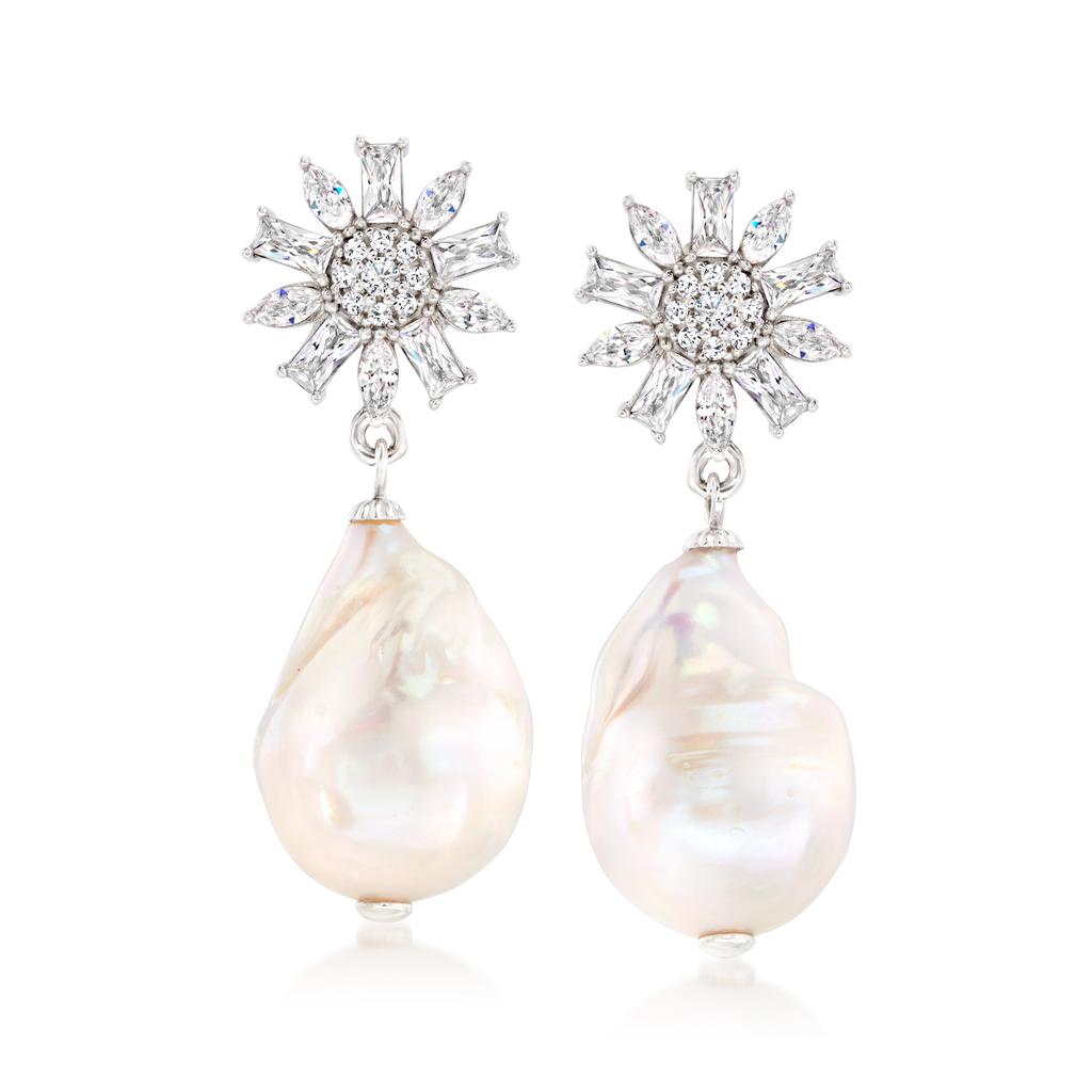 Ross-Simons 12-14mm Cultured Baroque Pearl and CZ Flower Drop Earrings in Sterling Silver商品第1张图片规格展示