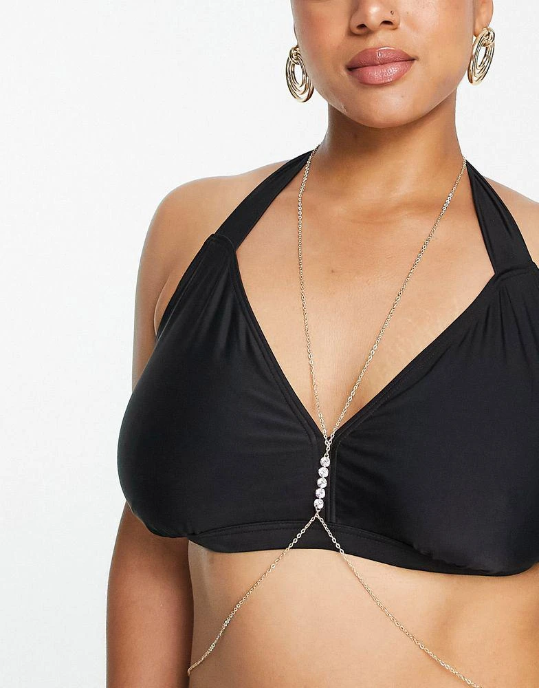 商品ASOS|ASOS DESIGN Curve body chain with crystal breast plate detail in gold tone,价格¥72,第3张图片详细描述