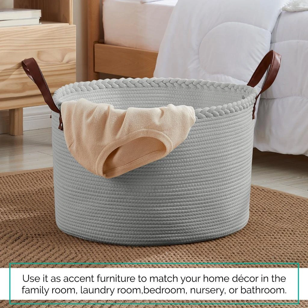 商品Ornavo Home|Extra Large Round Cotton Rope Storage Basket Laundry Hamper with Leather Handles,价格¥282,第2张图片详细描述