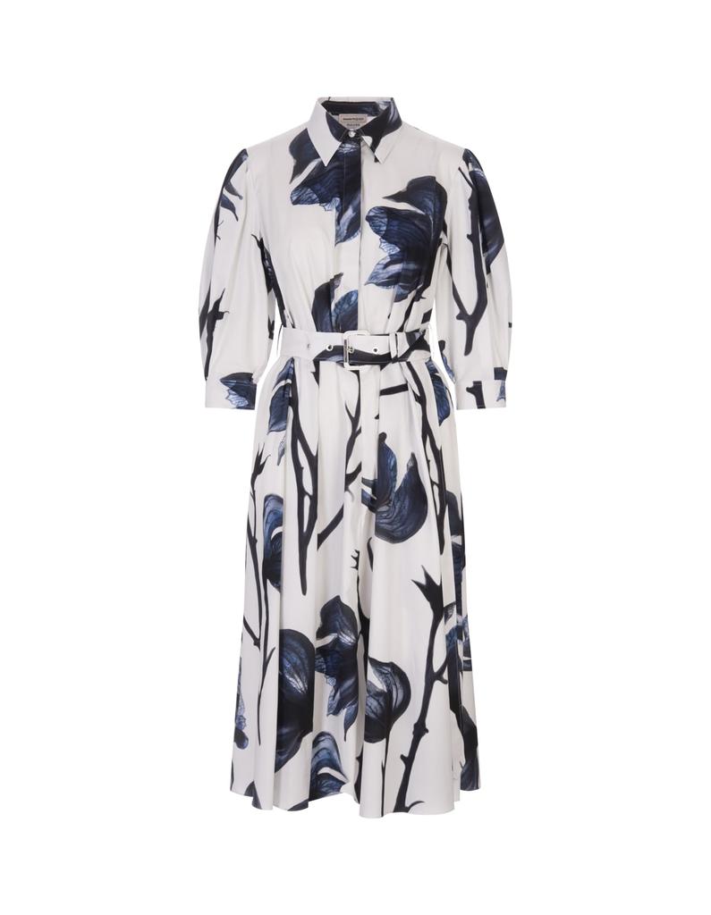 Alexander McQueen White And Blue Bellflower Shirt Dress With Long Balloon Sleeves商品第1张图片规格展示