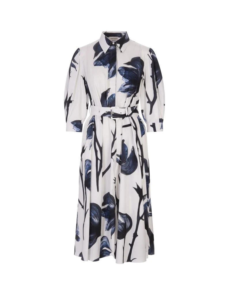 商品Alexander McQueen|Alexander McQueen White And Blue Bellflower Shirt Dress With Long Balloon Sleeves,价格¥12161,第1张图片