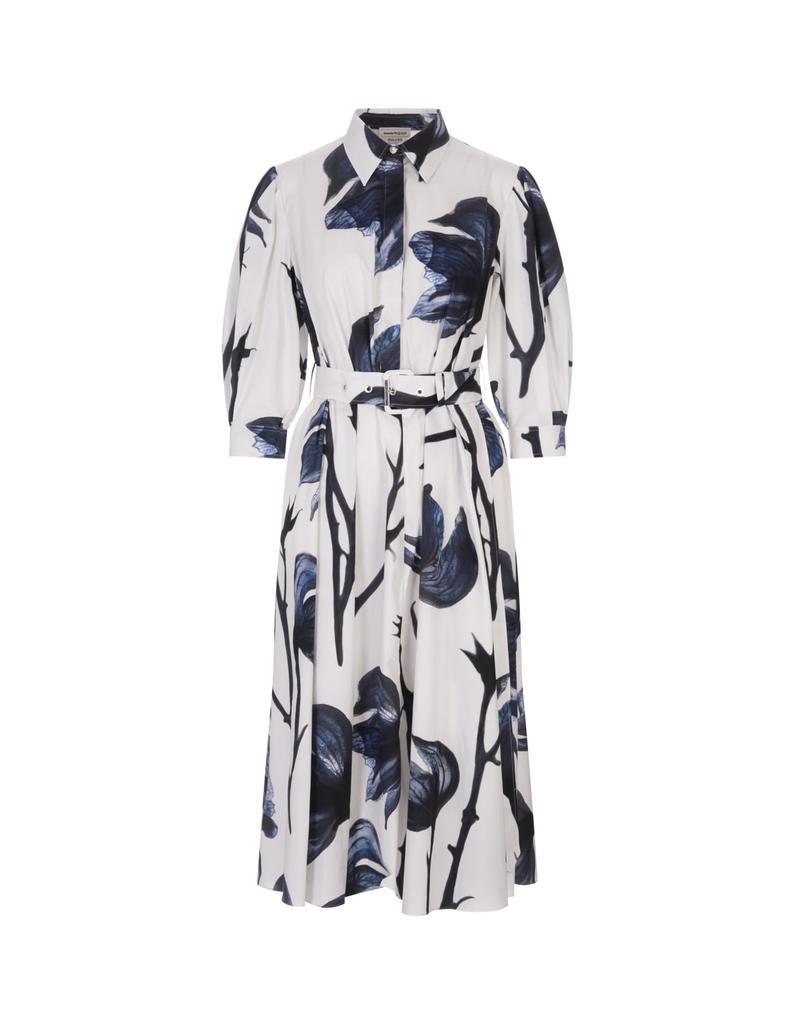 商品Alexander McQueen|Alexander McQueen White And Blue Bellflower Shirt Dress With Long Balloon Sleeves,价格¥11257,第1张图片