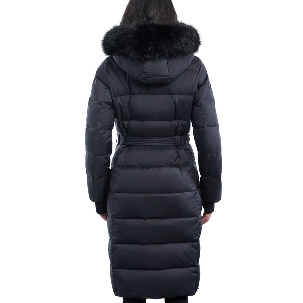 Women's Belted Faux-Fur-Trim Hooded Maxi Puffer Coat商品第2张图片规格展示