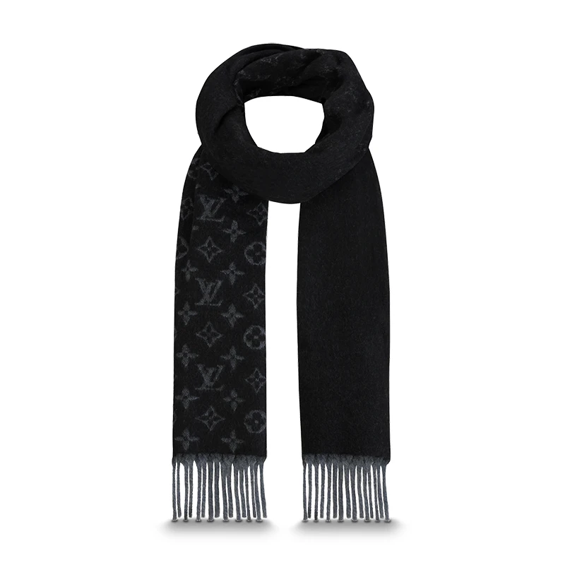 Louis Vuitton/路易威登 MONOGRAM系列 男士黑色羊绒羊毛混纺流苏logo图案围巾M71607 商品