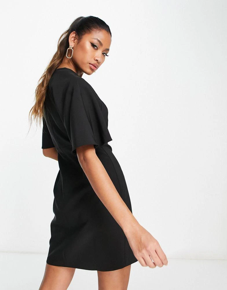 商品ASOS|ASOS DESIGN v neck mini dress with fluted sleeve in black,价格¥317,第2张图片详细描述