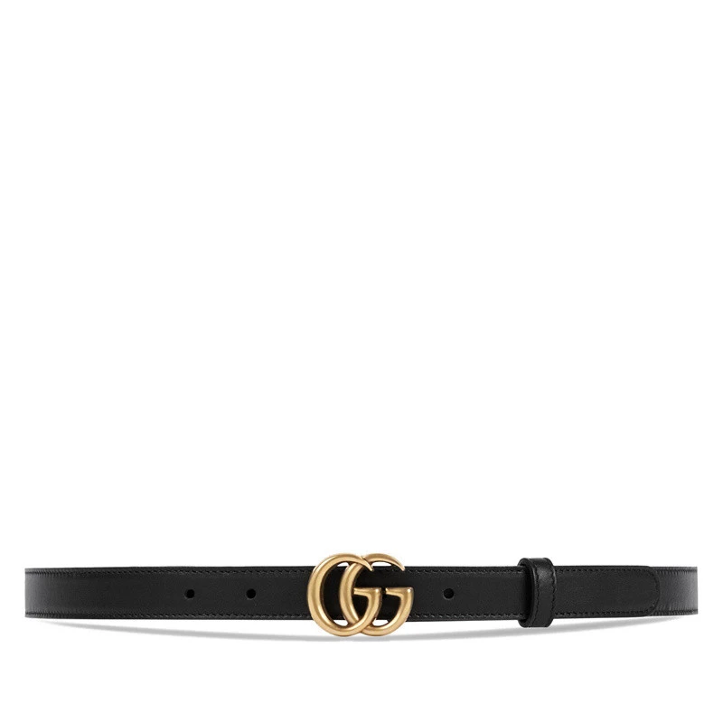 商品Gucci|GUCCI/古驰 女士黑色皮革细款复古金色双G扣腰带 2cm宽,价格¥2735,第1张图片