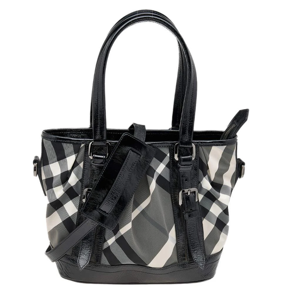 商品[二手商品] Burberry|Burberry Black Beat Check Nylon and Patent Leather Small Lowry Tote,价格¥3378,第1张图片