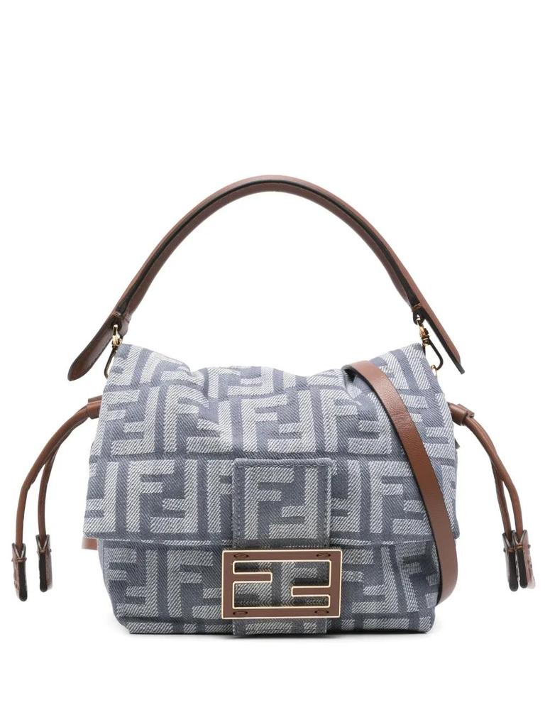 Shop DENIM-EFFECT FF JACQUARD MAMMA BAGUETTE SMALL BAG on