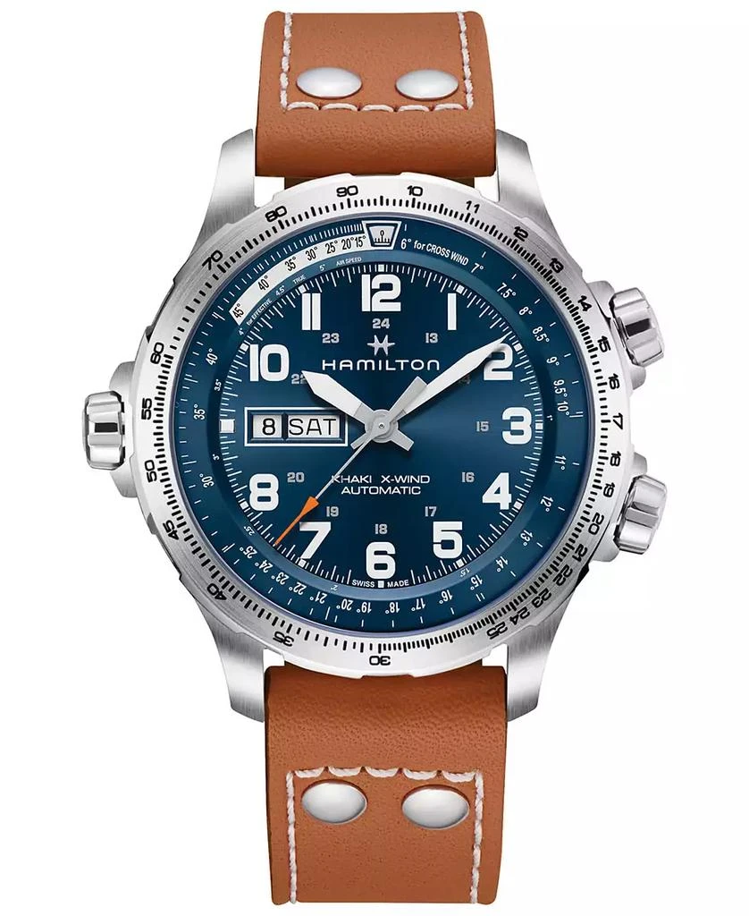 商品Hamilton|Men's Swiss Khaki X-Wind Brown Leather Strap Watch 45mm,价格¥9354,第1张图片