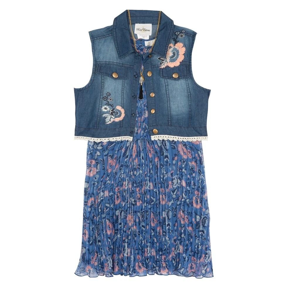 商品Rare Editions|Big Girls Pleated Floral Chiffon Dress and Denim Vest, 2 Piece Set,价格¥324,第1张图片