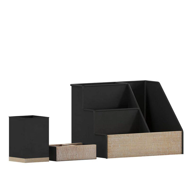 商品Merrick Lane|Cecil 3 Piece Desk Organizer Set For Desktop, Countertop, Or Vanity In Black Finished Metal And Rustic Wood,价格¥306,第2张图片详细描述