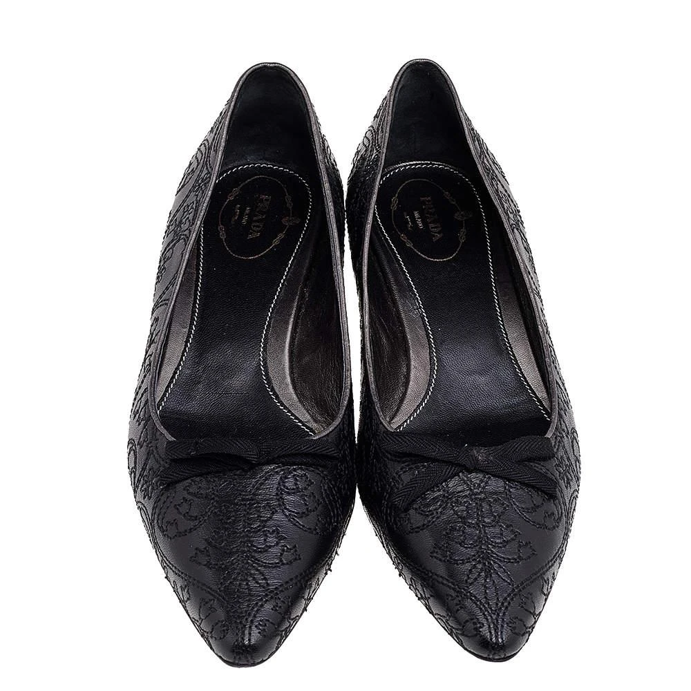 商品[二手商品] Prada|Prada Black Embroidered Leather Bow Pumps Size 40.5,价格¥1030,第3张图片详细描述