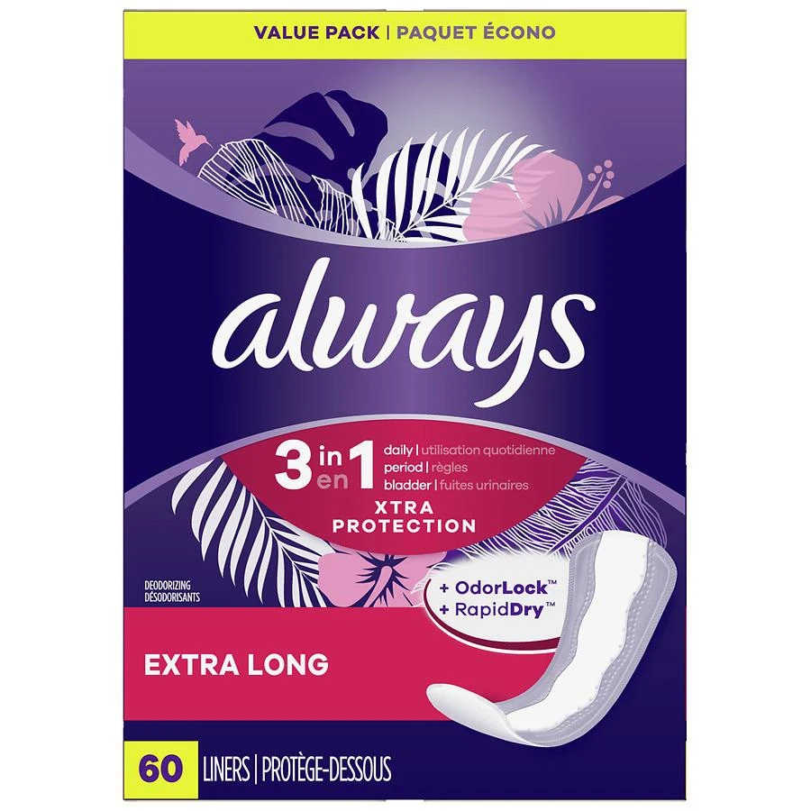 商品Always|Xtra Protection 3-in-1 Daily Liners for Women Scented, Extra Long Length (60 ct),价格¥79,第1张图片