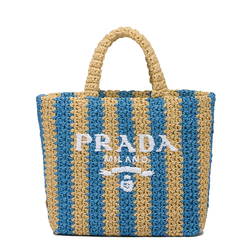 商品Prada|PRADA/普拉达 22新款 女士小号棕褐色浅蓝色酒椰纤维解构式设计手提托特包,价格¥10109,第1张图片