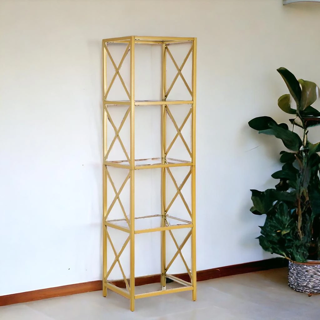 商品Homezia|66" Gold Metal And Glass Four Tier Etagere Bookcase,价格¥3100,第2张图片详细描述