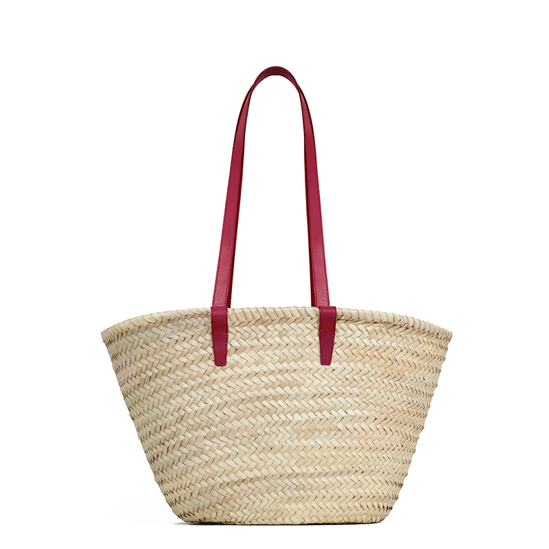 【包税】CELINE/赛琳 CLASSIC TRIOMPHE系列 女士中号原色棕榈叶配胭脂红小牛皮细节单肩斜跨手工编织篮子包192622CGG.27CA 商品