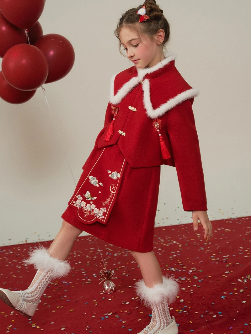 格岚云顿英国品牌高端系列女童冬季拜年服儿童过新年喜庆衣服女孩红色洋气套装中国风两件套 商品