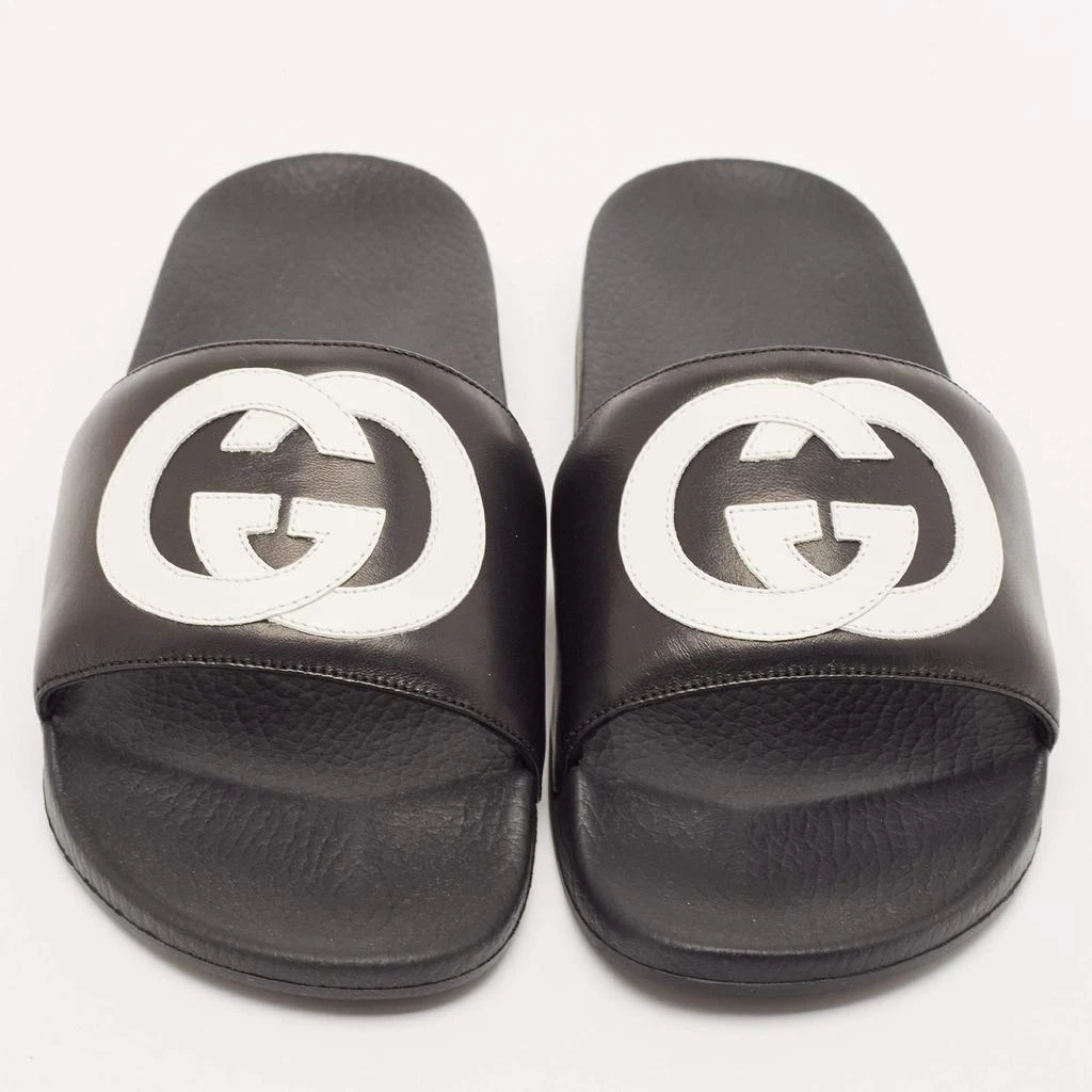 商品Gucci|Gucci Black/White Leather Interlocking G Pool Slides Size 42,价格¥3179,第3张图片详细描述