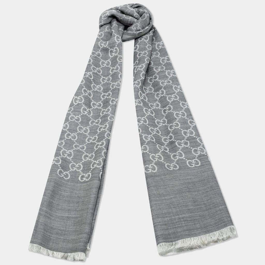 Gucci Grey GG Monogram Wool & Silk Fringed Scarf商品第2张图片规格展示