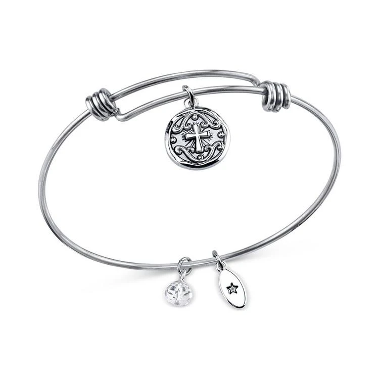 商品Unwritten|Crystal Accented Cross Disc Charm Adjustable Bangle Bracelet in Stainless Steel,价格¥206,第2张图片详细描述