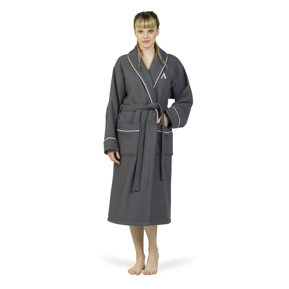 商品Linum Home Textiles|Personalized 100% Turkish Cotton Waffle Terry Bathrobe with Satin Piped Trim - Dark Gray,价格¥804,第3张图片详细描述
