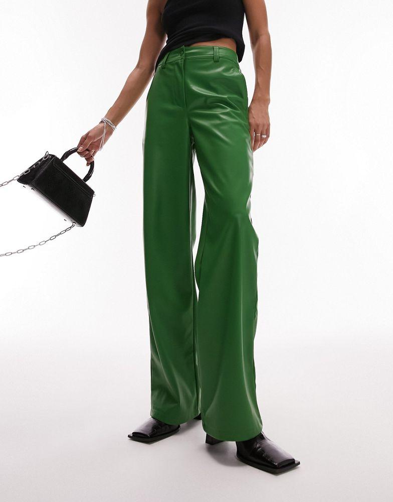 Topshop co-ord faux leather wide leg trouser in green商品第4张图片规格展示