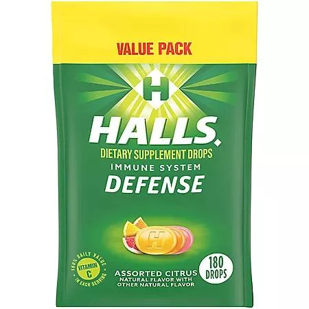 商品Halls|HALLS Defense Citrus Vitamin C Drops, Value Pack, 180 ct.,价格¥72,第1张图片