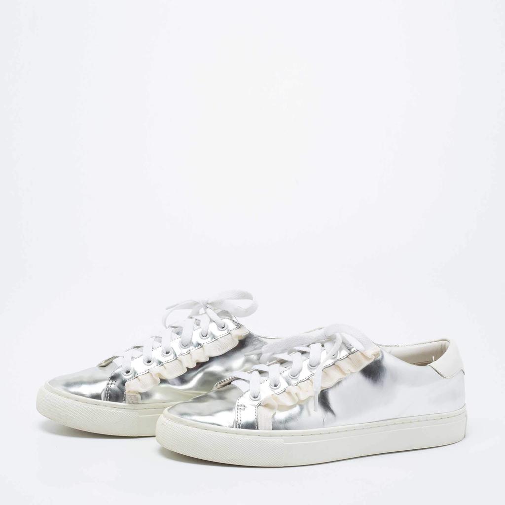 Tory Burch Silver/White Leather Tory Sport Ruffle Low Top Sneakers Size 38.5商品第2张图片规格展示