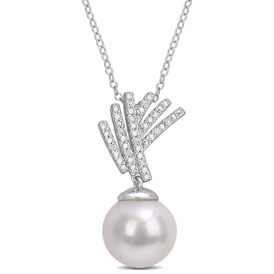 商品Amour|11-12mm Freshwater Cultured Pearl and Diamond Accent Drop Pendant with Chain In Sterling Silver,价格¥609,第1张图片