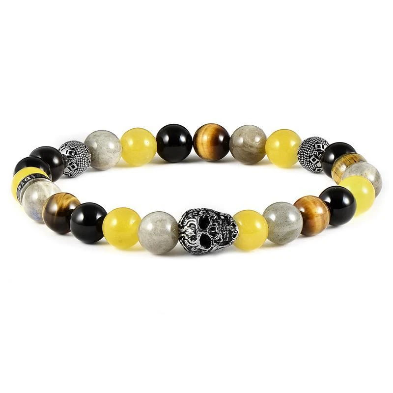 商品Crucible Jewelry|Crucible Los Angeles Single Skull Stretch Bracelet with 8mm Polished Black Onyx, Labradorite, Yellow Jade and Tiger Eye Beads,价格¥262,第1张图片