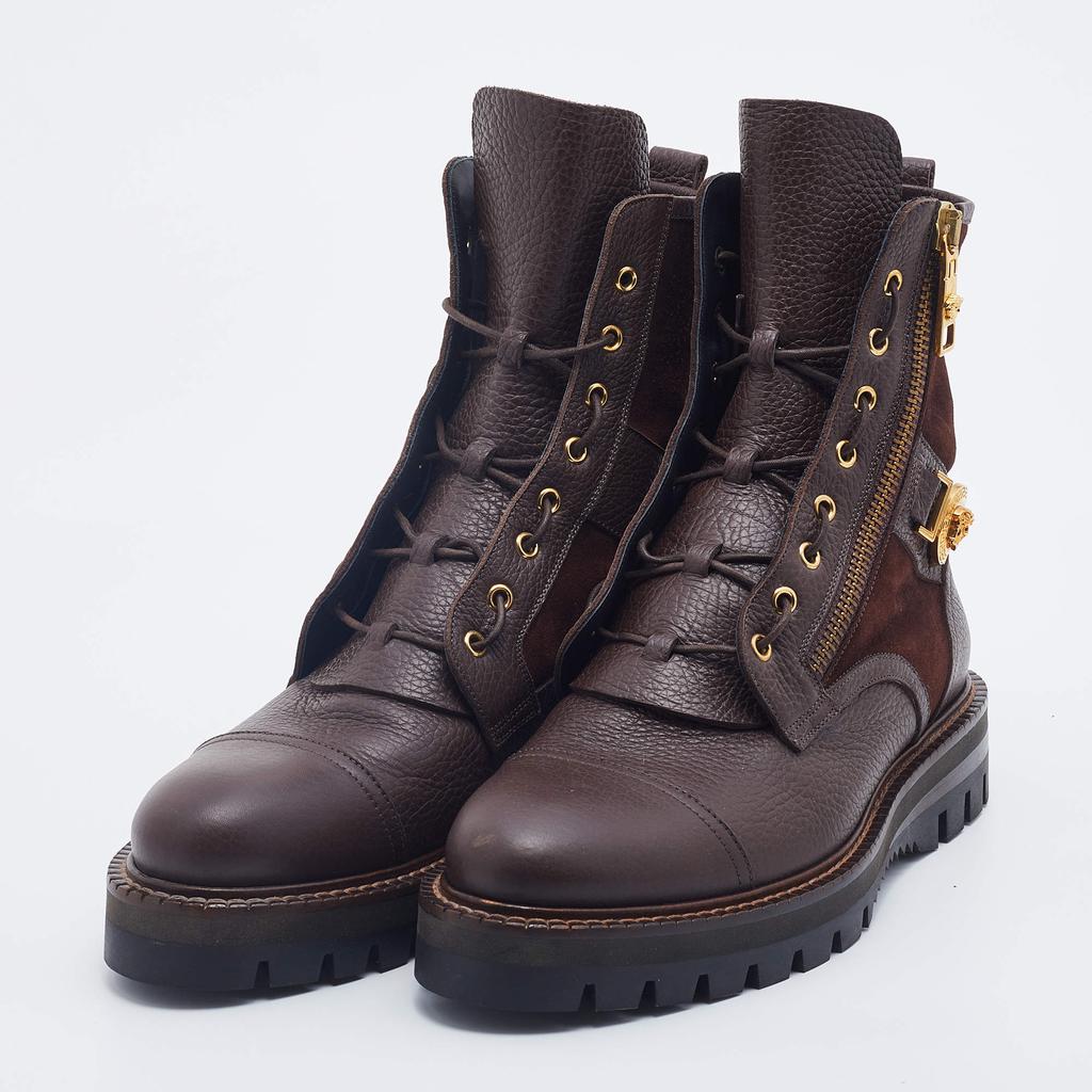 Versace Brown Leather And Suede Medusa Combat Boots Size 43商品第2张图片规格展示