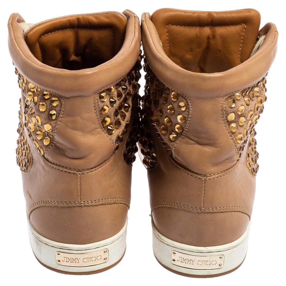 商品[二手商品] Jimmy Choo|Jimmy Choo Beige Patent Leather and Leather Crystal Studded Tokyo High Top Sneakers Size 36,价格¥1435,第7张图片详细描述