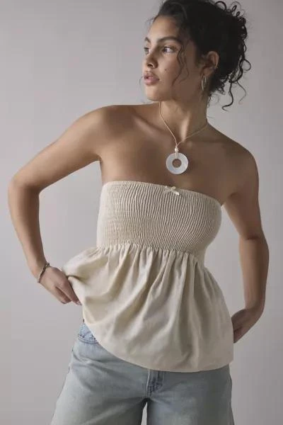 商品Urban Renewal|ReMADE By UO Made In LA EcoVero™ Linen Smocked Babydoll Tube Top,价格¥259,第1张图片