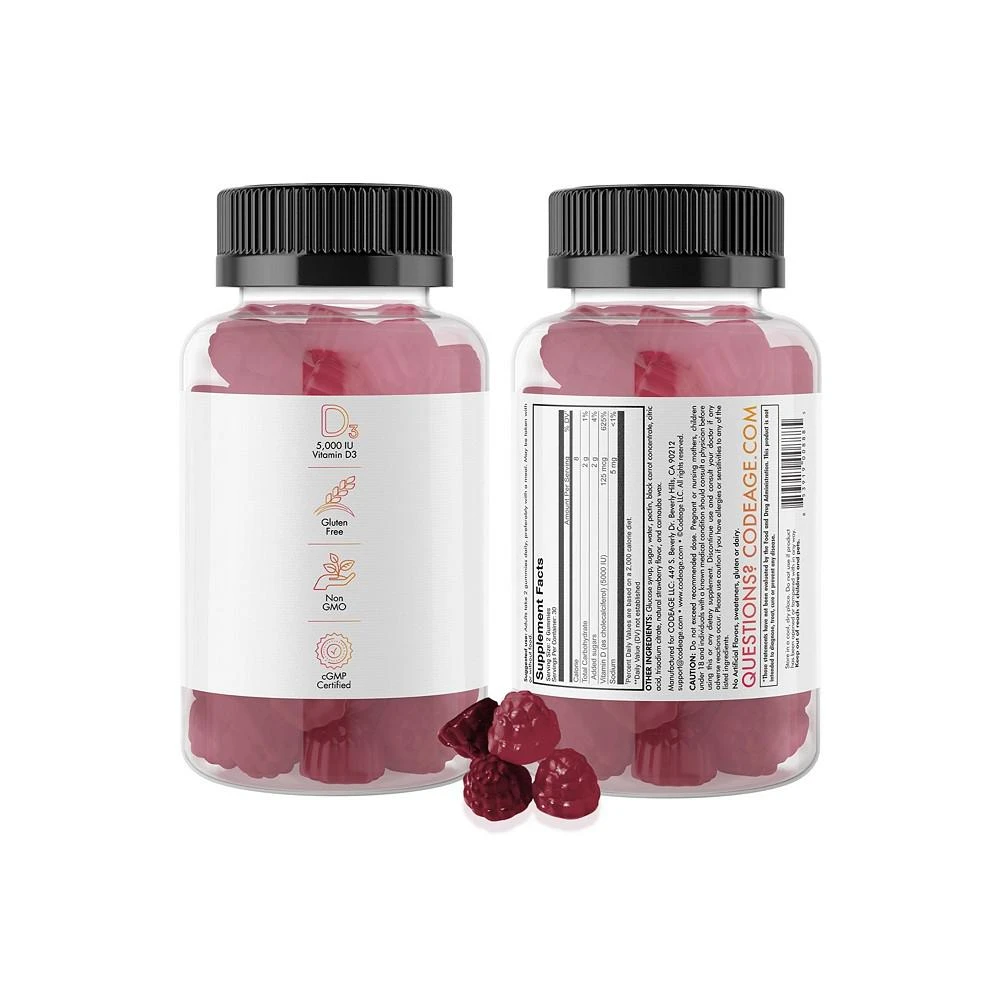 商品Codeage|Vitamin D3 Gummies 2-Pack, 5000 IU, Strawberry Flavored Vitamin Supplement -  60ct,价格¥299,第2张图片详细描述