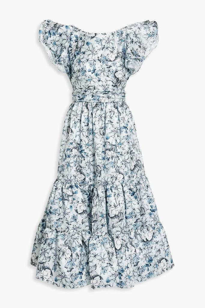 商品Badgley Mischka|Ruffled floral-print satin-twill midi dress,价格¥2438,第1张图片