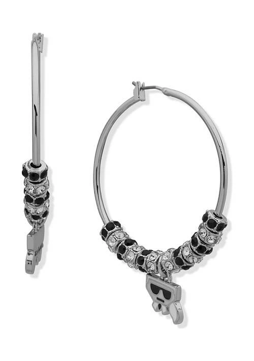 商品Karl Lagerfeld Paris|Lagerfeld Paris Silver Tone 40 Millimeter Black Charm Hoop Earrings,价格¥338,第1张图片