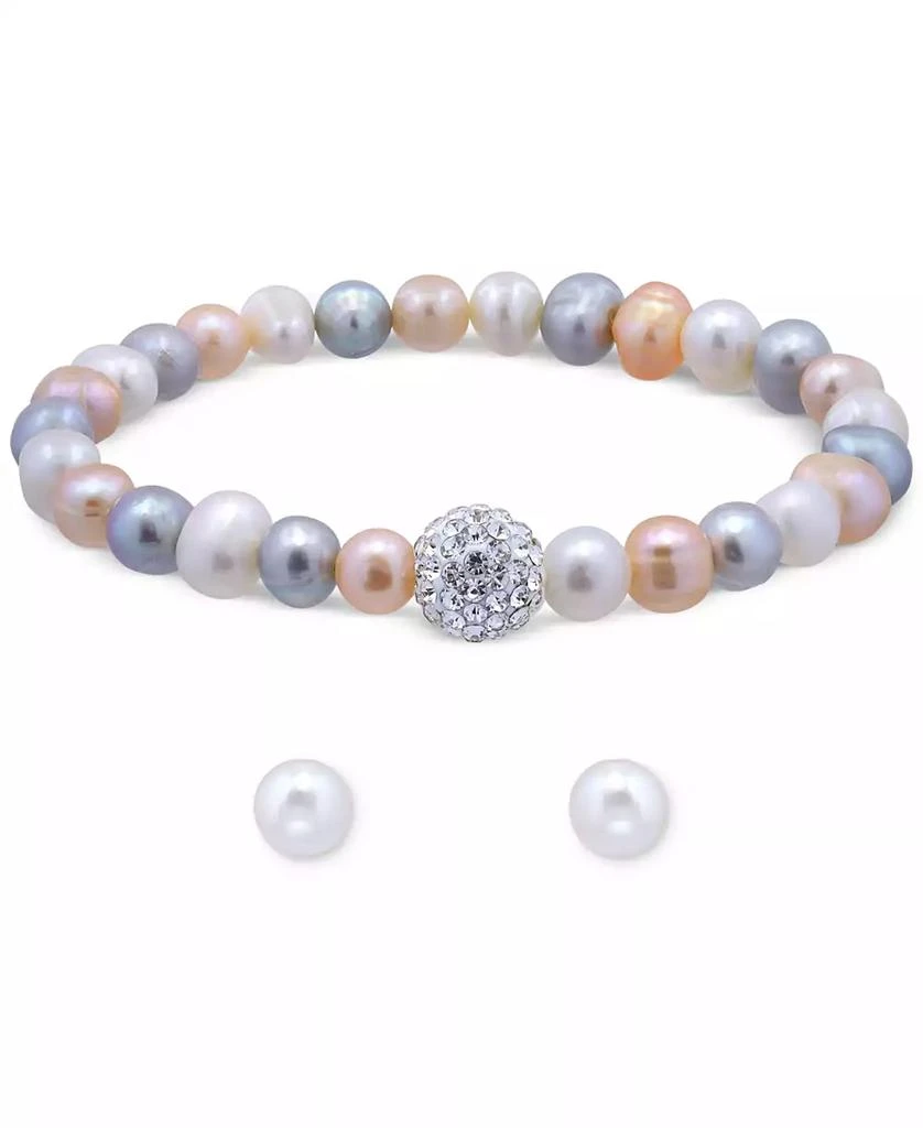 商品Macy's|2-Pc. Set Multicolor Cultured Freshwater Pearl (7mm) & Crystal Bracelet & Complementing White Cultured Freshwater Pearl (7mm) Stud Earrings in Sterling Silver (Also in All-White Cultured Freshwater Pearl), Created for Macy's,价格¥185,第1张图片