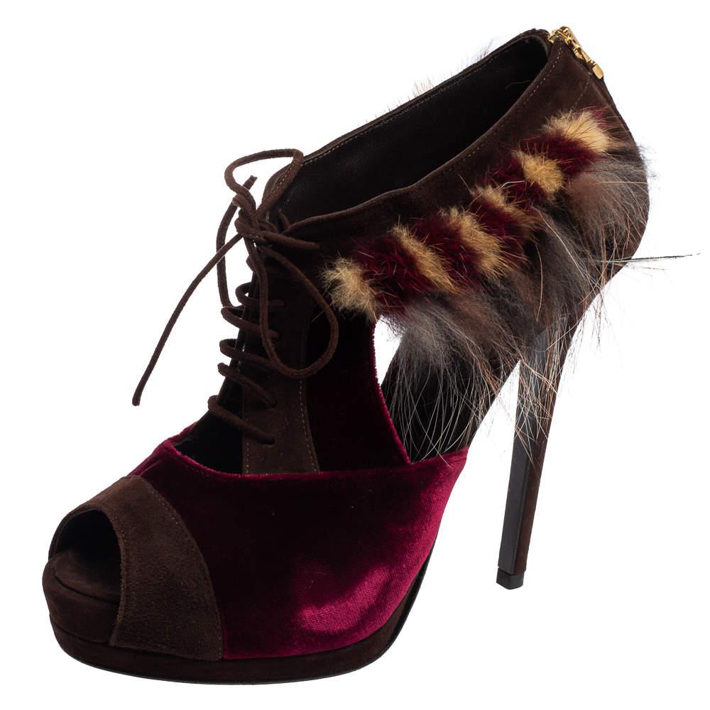 Fendi Burgundy/Brown Velvet, Suede and Fur Trim Lace-Up Peep-Toe Ankle Booties Size 40商品第1张图片规格展示
