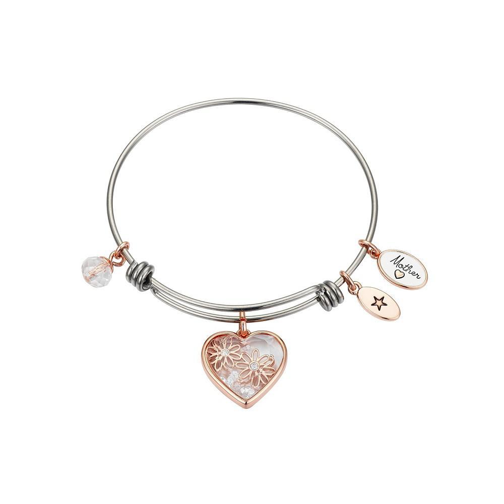 商品Unwritten|Rose Gold Two-Tone Stainless Steel Crystal "Mother" Heart and Flower Bangle Bracelet,价格¥143,第1张图片