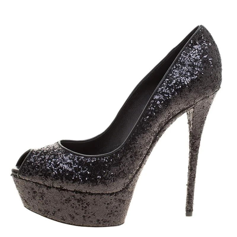 商品[二手商品] CASADEI|Casadei Black Glitter Peep Toe Platform Pumps Size 38.5,价格¥1263,第2张图片详细描述