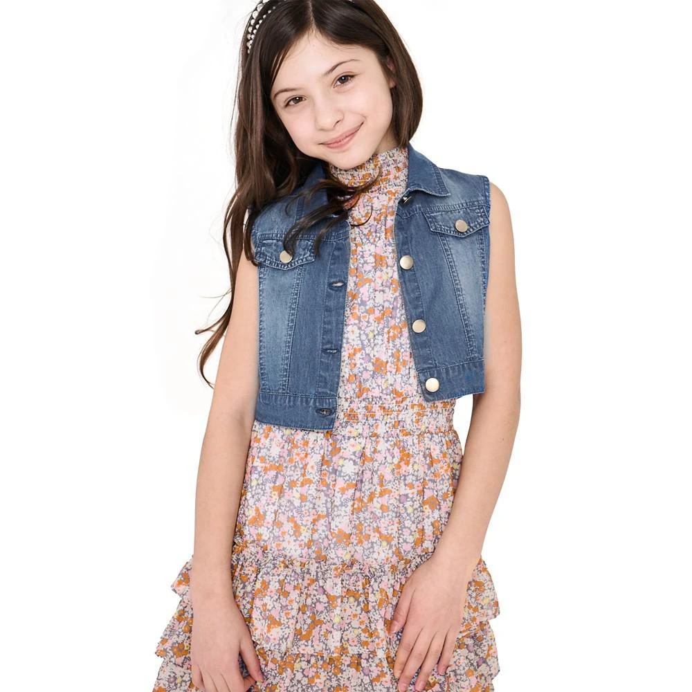 商品Rare Editions|Big Girls Floral Chiffon Tiered Dress & Denim Vest,价格¥204,第3张图片详细描述