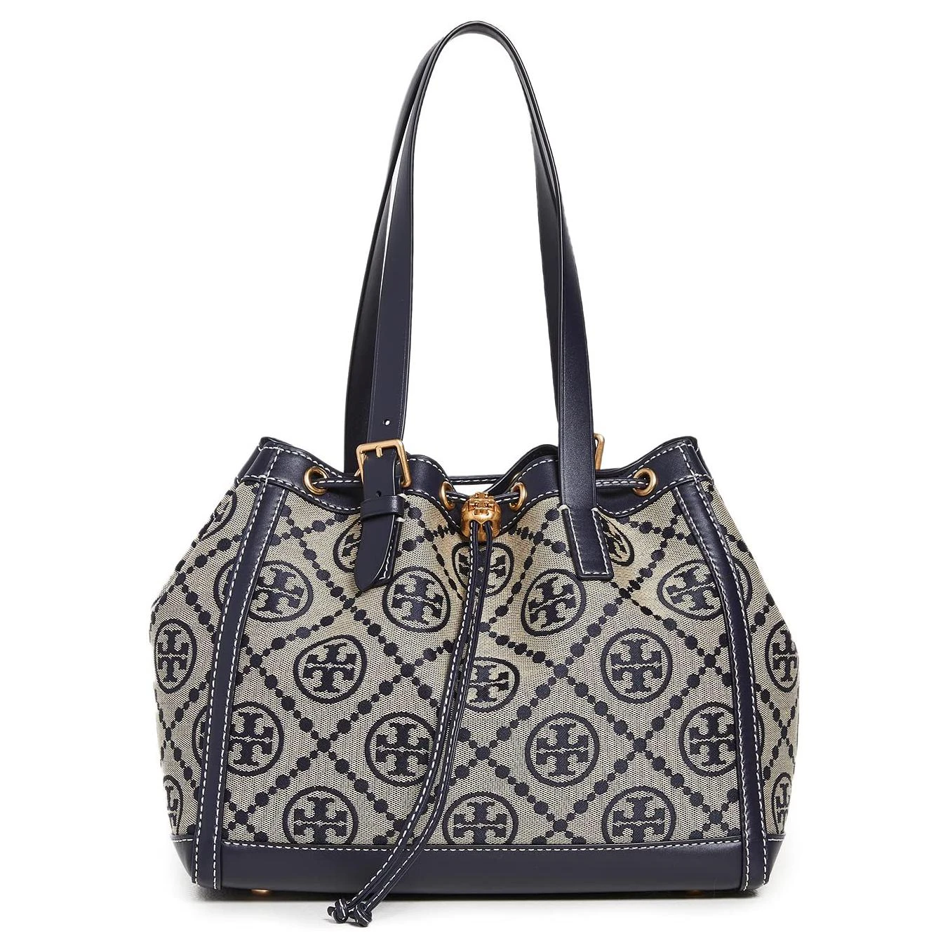 商品[国内直发] Tory Burch|汤丽柏琦 T Monogram 品牌标志性Logo老花满印哑光质感 编织提花拼皮革 水桶单肩手提包 小号 女款 海军蓝,价格¥4035,第1张图片