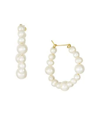 商品BELPEARL|14K Yellow Gold & 3-5MM Cultured Oval Freshwater Pearl Hoop Earrings,价格¥651,第1张图片