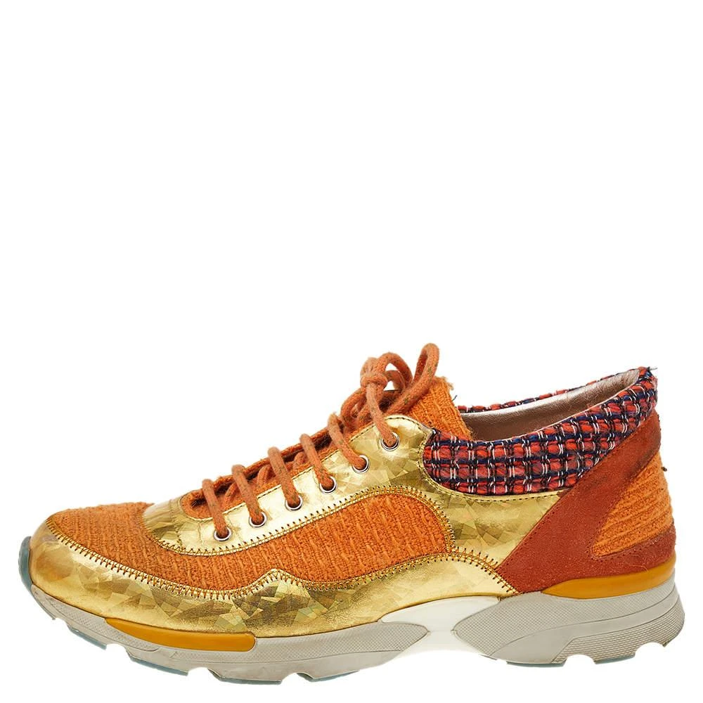 商品[二手商品] Chanel|Chanel Orange/Gold Tweed And Suede CC Low Top Sneakers Size 38,价格¥3489,第2张图片详细描述