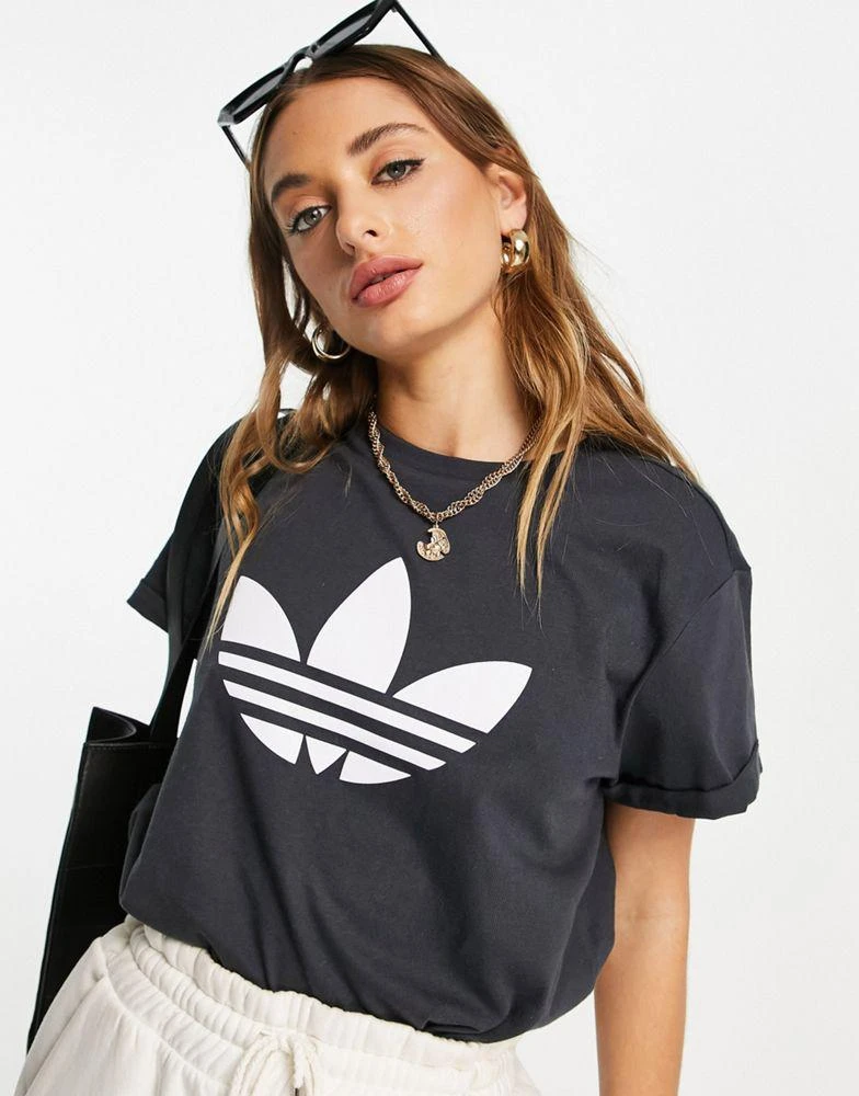 商品Adidas|adidas Originals '80's Aerobic' roll sleeve t-shirt with trefoil in black,价格¥321,第1张图片